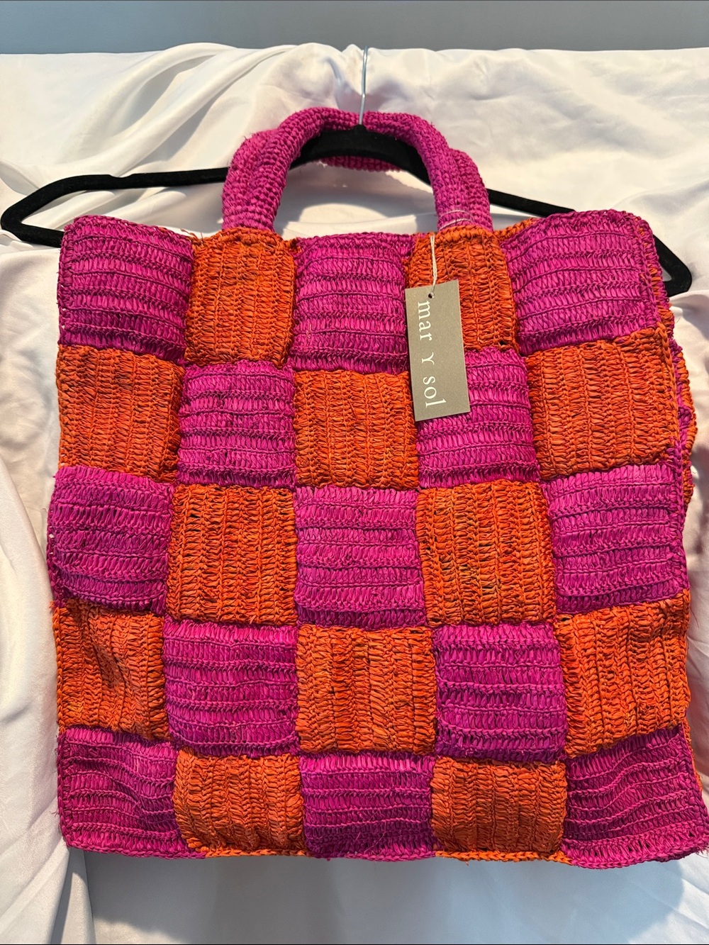 NWT Mar y Sol Pink & Orange Checker Crochet Tote